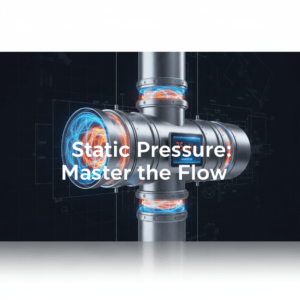 A high-tech visual representation of HVAC ductwork with glowing lines depicting static pressure and airflow resistance, and a digital manometer reading, illustrating 'What is Static Pressure in HVAC? A Complete Guide for Professionals'.