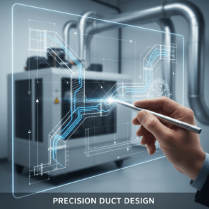 A professional's hand interacting with a digital schematic of an HVAC duct system, overlaid with glowing airflow lines, set against a background of modern ductwork and an air handler. The image illustrates the meticulous engineering behind "The Definitive Guide to Manual D Duct Sizing."